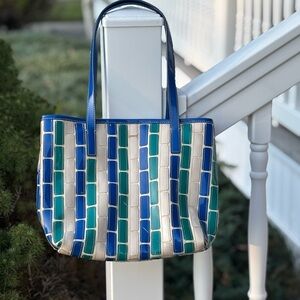 Kate Landry Blue and Green Retro Pattern Vintage Shoulder Bag